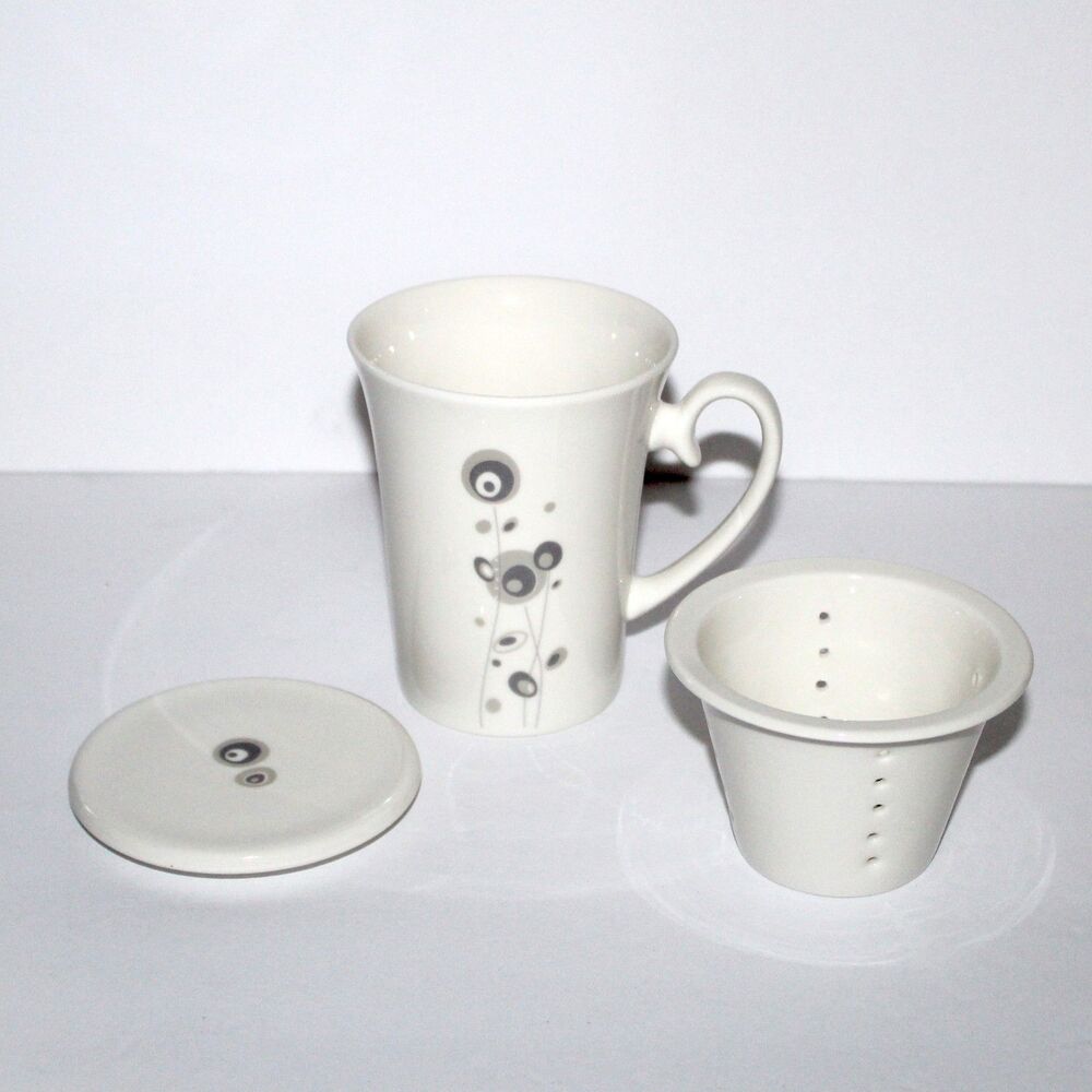 Teavana Mug Infuser and Lid white gray floral bone china tea